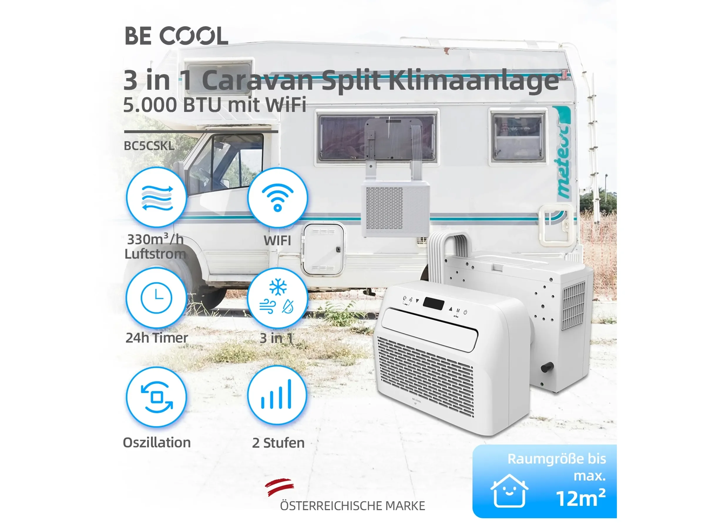 BE COOL 3in1 Caravan Split-Klimaanlage BC5CSKL 5.000 BTU/h WiFi