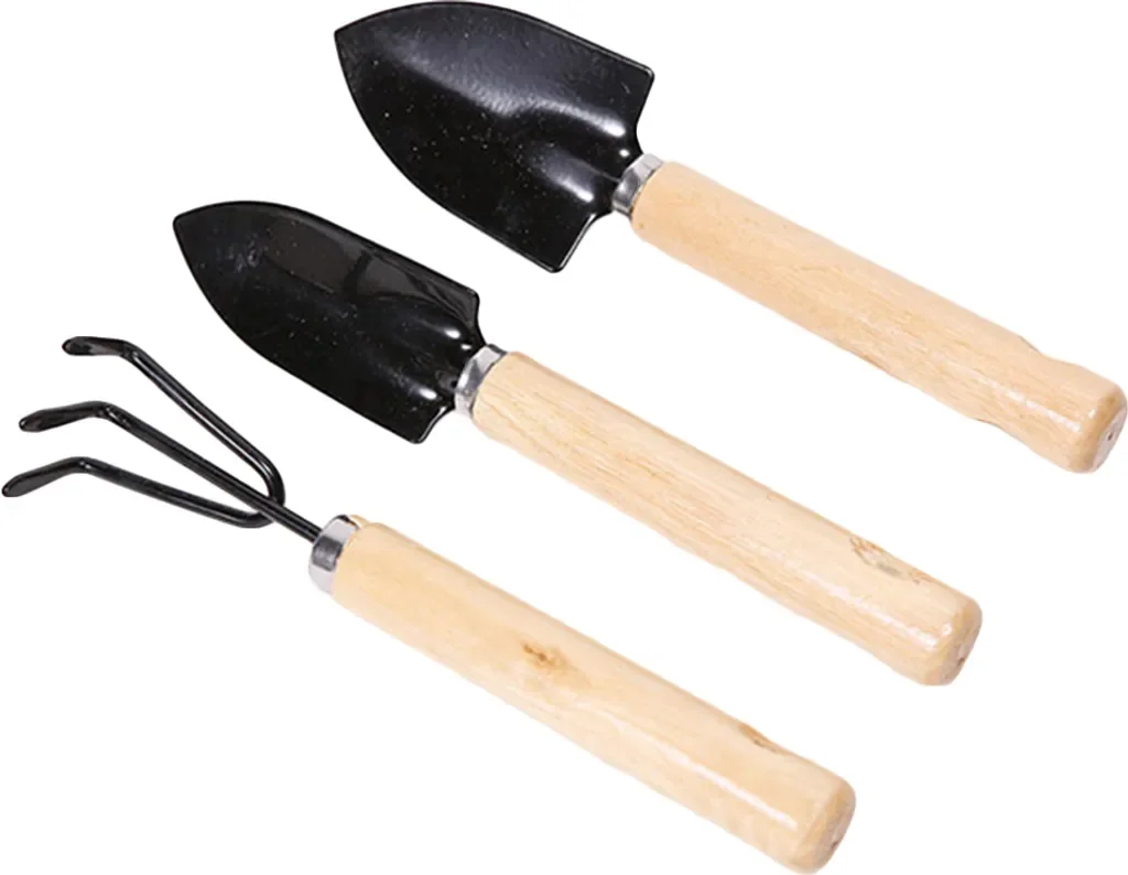 Stuttg 3-teiliges Mini Gartengeräte-Set mit Holzgriff Rechen Schaufel