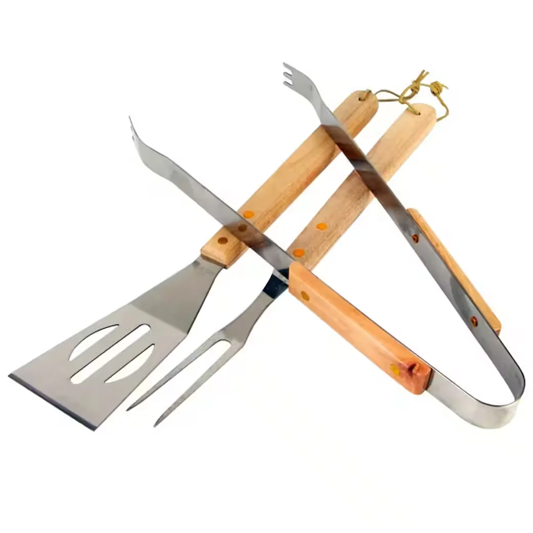 Buri BBQ Grillbesteck Set 3 teilig Edelstahl Holzgriff Zange Wender