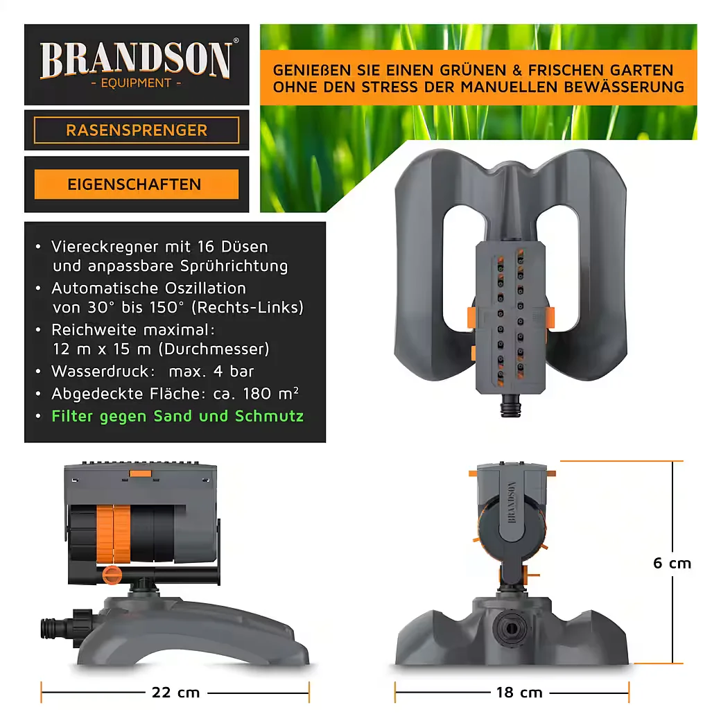 Brandson Viereckregner Rasensprenger oszillierend 16 Düsen Garten