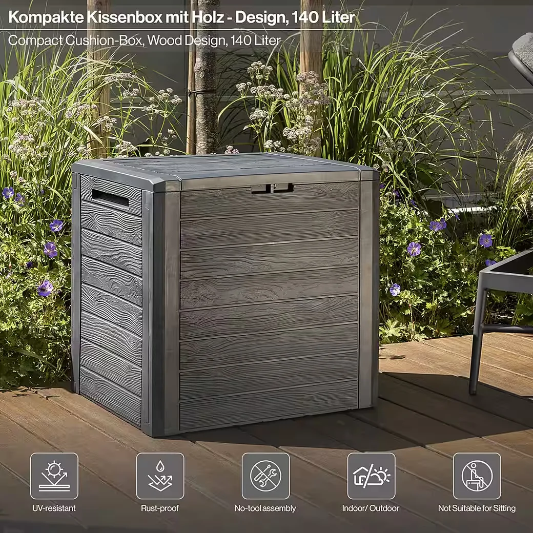 KREHER Kissenbox WOOD 140L Holzoptik Anthrazit Gartenbox Auflagenbox