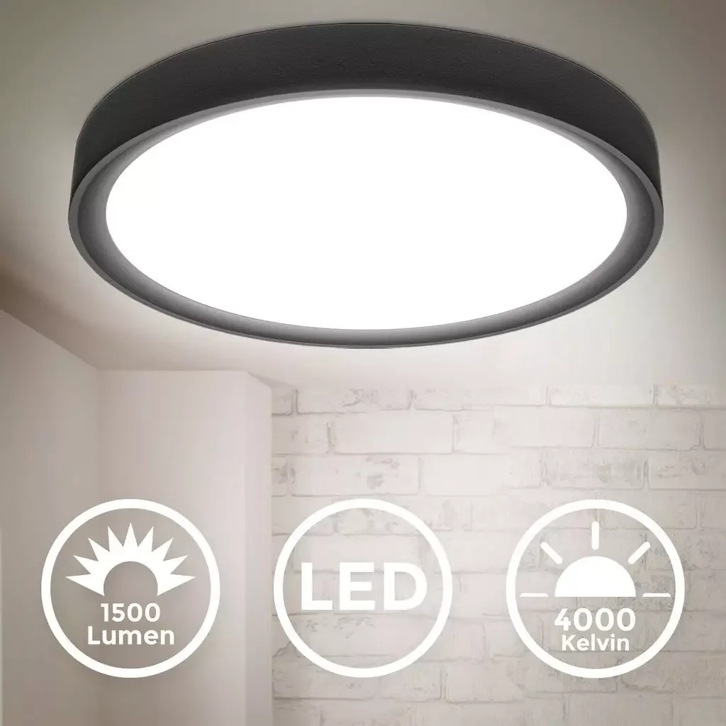 B.K.Licht LED Deckenleuchte schwarz matt rund 33 cm 15W 4000K 1500 lm