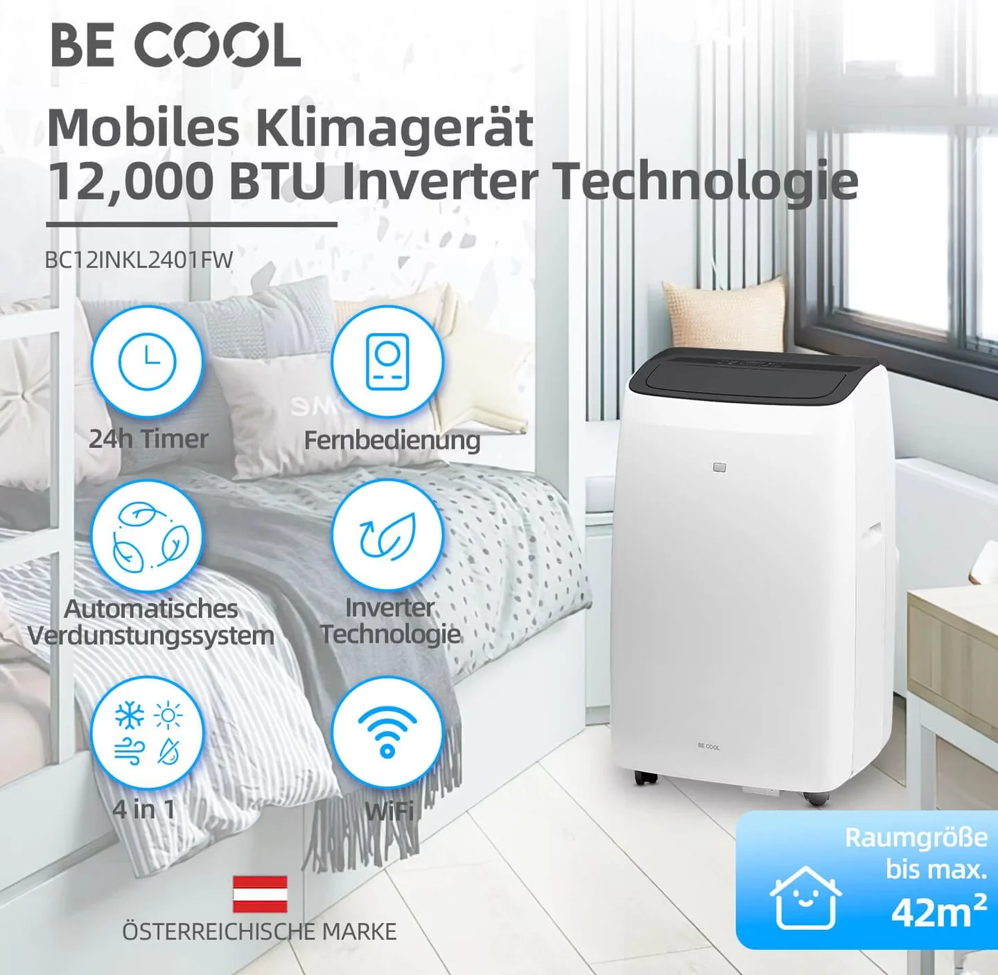 BE COOL BCSINV12KSWW Klimaanlage für Räume bis 42 m2