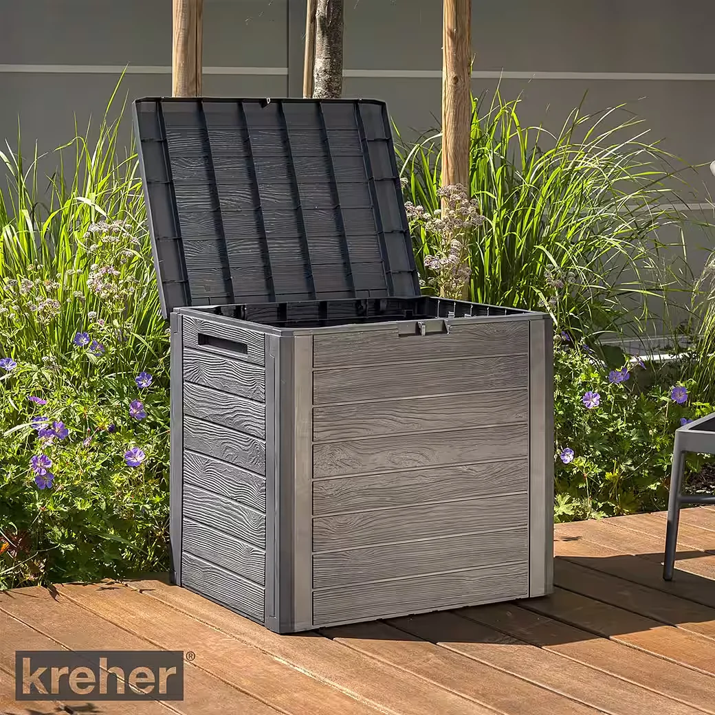 KREHER Kissenbox WOOD 140L Holzoptik Anthrazit Gartenbox Auflagenbox