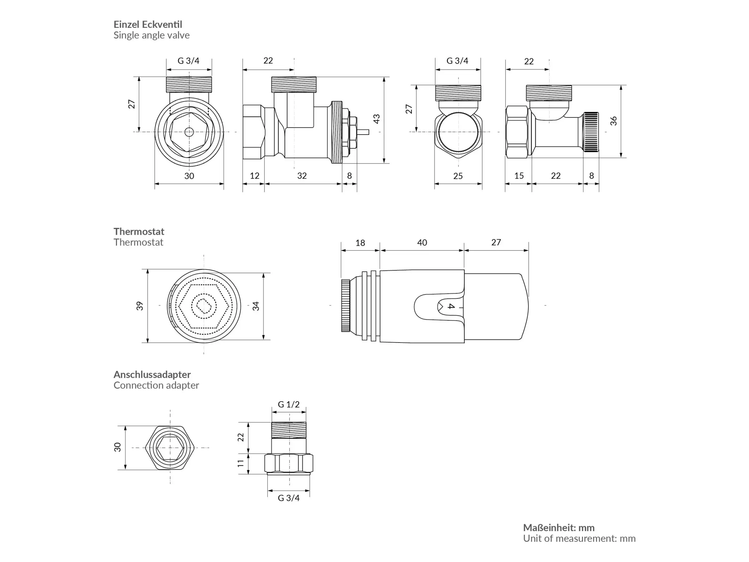 LuxeBath Thermostatventil Eckform Rücklaufverschraubung Weiß G 1/2