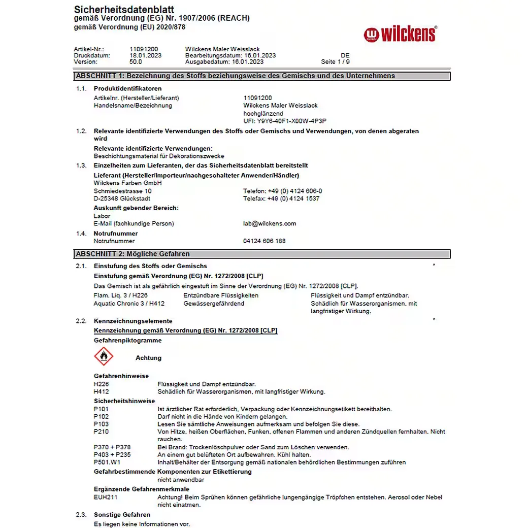 WILCKENS FARBEN Maler Weisslack 0,375 Liter Lack