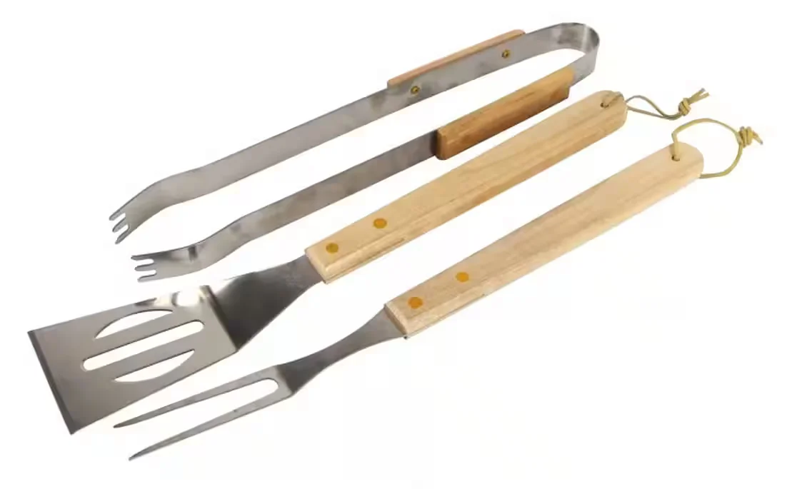 Buri BBQ Grillbesteck Set 3 teilig Edelstahl Holzgriff Zange Wender