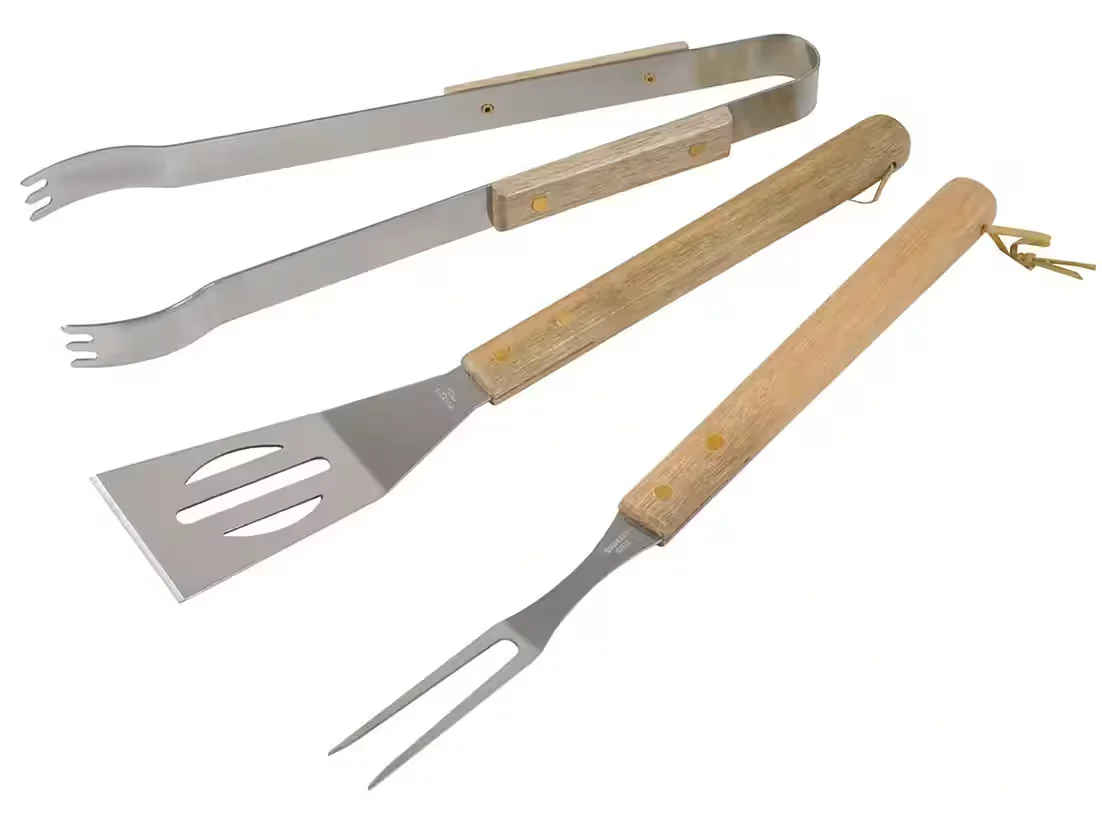 Buri BBQ Grillbesteck Set 3 teilig Edelstahl Holzgriff Zange Wender